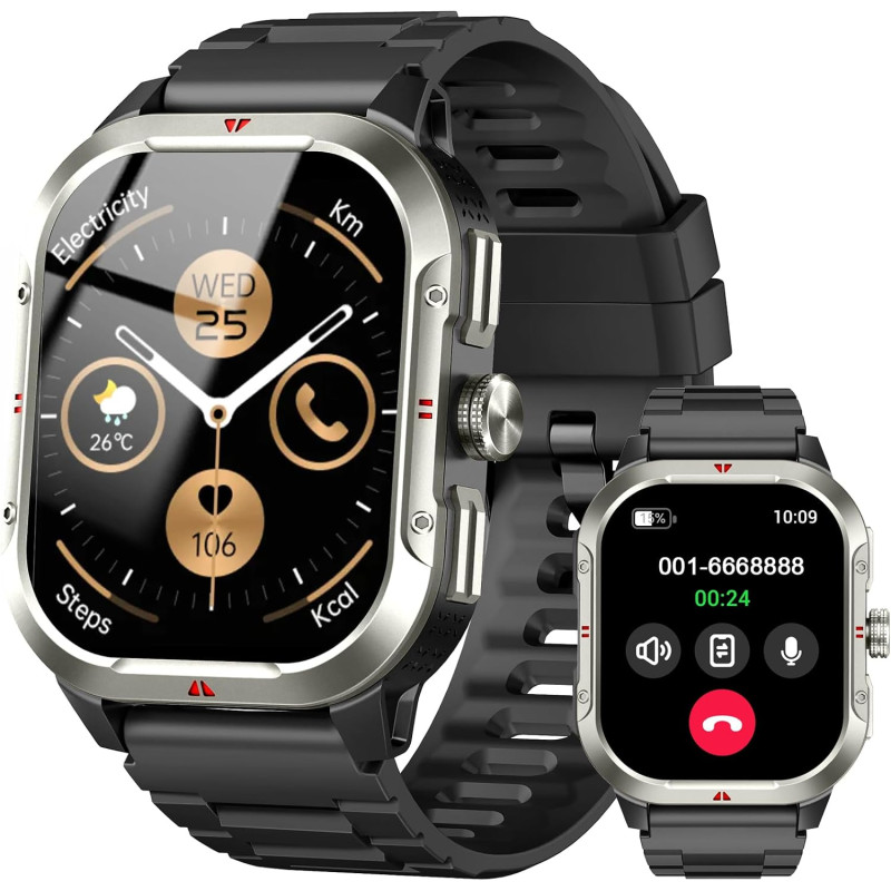 Jugeman montre connectée homme gps intégré, militaire smartwatch, noir | 2.06" hd avec appel bleutooth, etanche ip68, 110+ sport