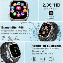 Jugeman montre connectée homme gps intégré, militaire smartwatch, noir | 2.06" hd avec appel bleutooth, etanche ip68, 110+ sport