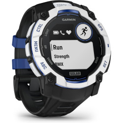 Garmin instinct 3, solar (édition limitée)- montre gps robuste et connectée – blanche avec bracelet noir/bleu électrique – boîti
