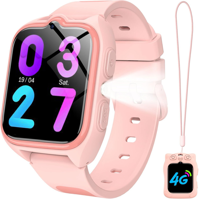 IOWODO Montre Connectée Enfants 4G | GPS Traceur + SOS Appel Urgence | Batterie | Appels Vidéo et Chat Vocal |Mode école et Zone