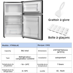 CHiQ Réfrigérateur congélateur en haut Réfrigérateur congélateur - 86 L (61/25L) - Portes réversibles, Congélateur 4 étoiles, Ma