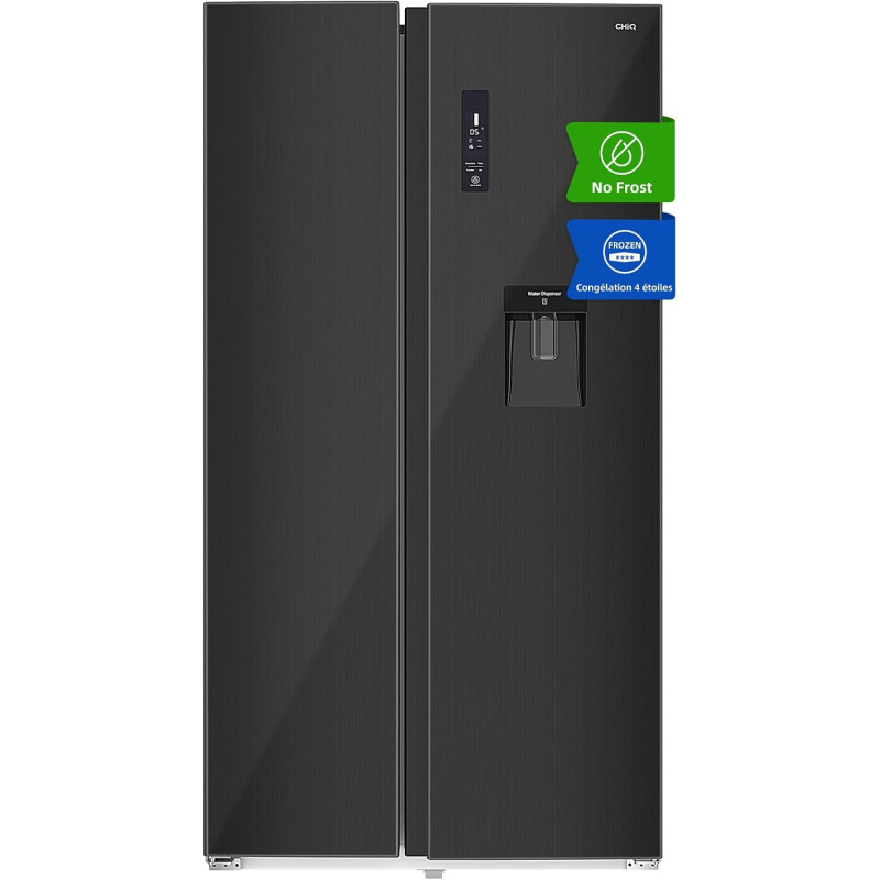CHiQ 559L Réfrigérateur Américain Inverter Distributeur Eau Noir | FSS559NEI42D, Inverter, No Frost, Écran LED Numérique, Garant