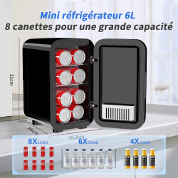 YASHE Mini réfrigérateur, 6 litres/8 canettes 220-240 V AC/DC Réfrigérateurs thermoélectriques portables pour chambre à coucher,