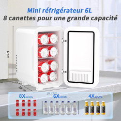 YASHE Mini réfrigérateur, 6 litres/8 canettes 220-240 V AC/DC Réfrigérateur thermoélectrique portable pour chambre à coucher, so