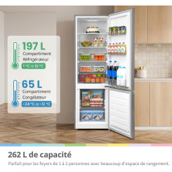 Comfee' RCB268LS2EU(E) Réfrigérateur Combiné, 262L, Acier Inoxydable | Grande Capacité 262L (197+65), Low Frost, Hauteur 177,3 c