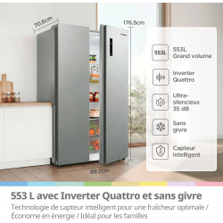 Comfee' RCS536LS01EU(E) Réfrigérateur Side by Side, No Frost, 553L, Blanc | 347 L Pour Le Réfrigérateur, 206 L Pour Le Congélate
