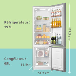 Comfee' RCB359IX2 Réfrigérateur Combiné, 262L(197+65), Grande Capacité, Low Frost, Hauteur 177,3 cm, Faible Bruit 39 dB, Éclaira