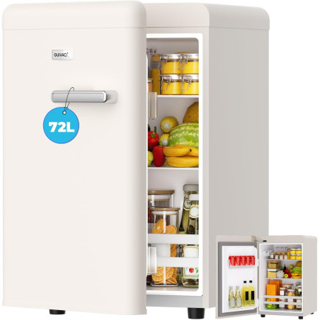 Mini Réfrigérateur Rétro 72L – Silencieux 43 dB, Design Vintage avec LED, 7 Niveaux de Température, pour Chambre, Bureau, Cuisin