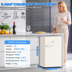 Mini Réfrigérateur Rétro 72L – Silencieux 43 dB, Design Vintage avec LED, 7 Niveaux de Température, pour Chambre, Bureau, Cuisin