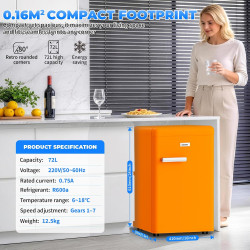 Mini réfrigérateur rétro 72l – silencieux 43 db, design vintage avec led, 7 niveaux de température, pour chambre, bureau, cuisin