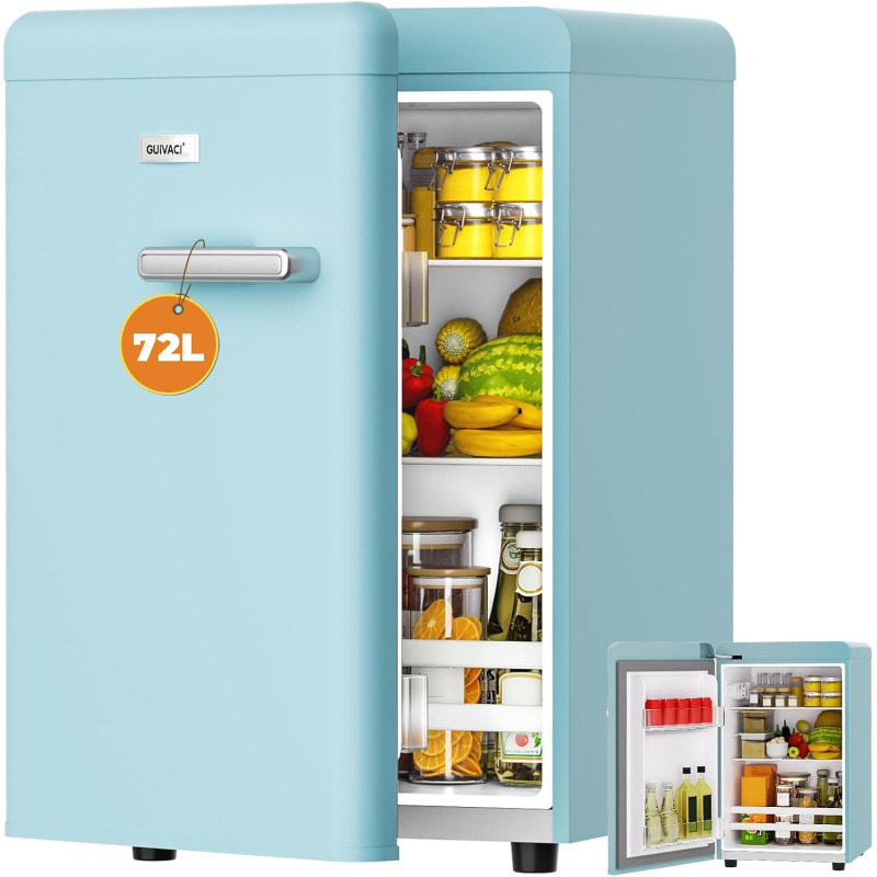 Mini Réfrigérateur Rétro 72L – Silencieux 43 dB, Design Vintage avec LED, 7 Niveaux de Température, pour Chambre, Bureau, Cuisin
