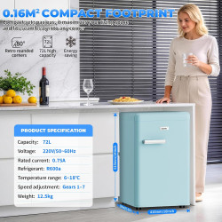 Mini Réfrigérateur Rétro 72L – Silencieux 43 dB, Design Vintage avec LED, 7 Niveaux de Température, pour Chambre, Bureau, Cuisin