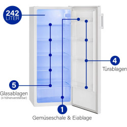 Bomann Réfrigérateur 242L blanc VS7316-1-blanc, Capacité nette : 242 litres, Éclairage intérieur à DEL, Contrôle de la températu