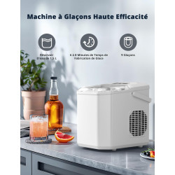 Machine à Glaçons, 12kg en 24h, 9 Glaçons en 6 à 8 Minutes, Blanc Machine a Glacons avec Fonction Autonettoyante, pour la Maison