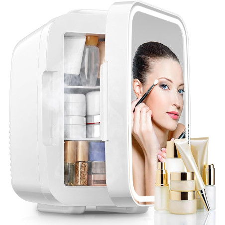 FOHERE Mini Frigo de Chambre 5L/6 Canettes, Frigo Skincare Comestique avec Miroir LED, Fonction Chaud et Froid, Glacière Portabl