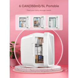 FOHERE Mini Frigo de Chambre 5L/6 Canettes, Frigo Skincare Comestique avec Miroir LED, Fonction Chaud et Froid, Glacière Portabl
