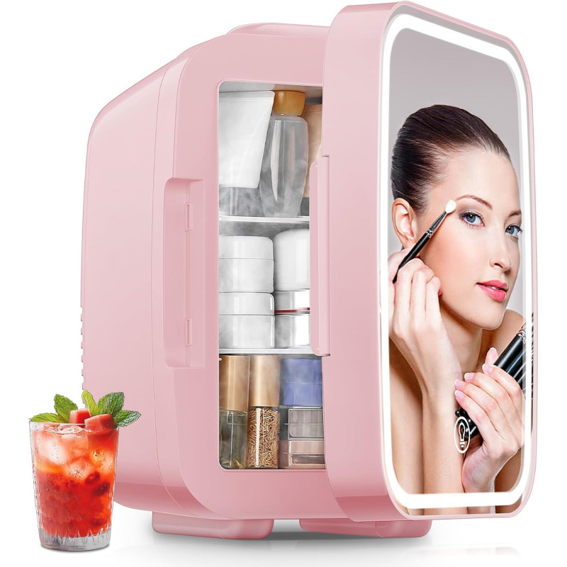 FOHERE Mini Frigo de Chambre 5L/6 Canettes, Frigo Skincare Comestique avec Miroir LED, Fonction Chaud et Froid, Glacière Portabl