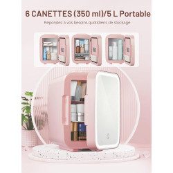 FOHERE Mini Frigo de Chambre 5L/6 Canettes, Frigo Skincare Comestique avec Miroir LED, Fonction Chaud et Froid, Glacière Portabl
