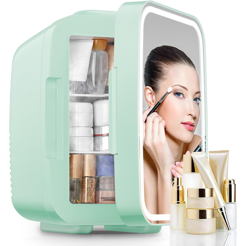 FOHERE Mini Frigo de Chambre 5L/6 Canettes, Frigo Skincare Comestique avec Miroir LED, Fonction Chaud et Froid, Glacière Portabl