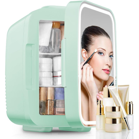 FOHERE Mini Frigo de Chambre 5L/6 Canettes, Frigo Skincare Comestique avec Miroir LED, Fonction Chaud et Froid, Glacière Portabl