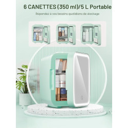 FOHERE Mini Frigo de Chambre 5L/6 Canettes, Frigo Skincare Comestique avec Miroir LED, Fonction Chaud et Froid, Glacière Portabl