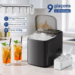 ROVSUN Machine à Glaçons, 12kg/24h, 9 Glaçons en 6 Minutes, Machine a Glacons Auto-Nettoyante, Affichage LED, 2 Tailles de Glaço