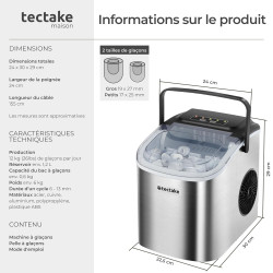 tectake® Machine à glaçons Silencieuse Appareil à glacons, 9 glaçons par cycle, env. 6-13 minutes, Écran tactile, avec Cuillère 