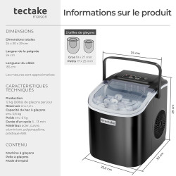 tectake® Machine à glaçons Silencieuse Appareil à glacons, 9 glaçons par cycle, env. 6-13 minutes, Écran tactile, avec Cuillère 