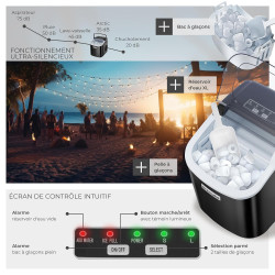 tectake® Machine à glaçons Silencieuse Appareil à glacons, 9 glaçons par cycle, env. 6-13 minutes, Écran tactile, avec Cuillère 