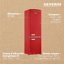 SEVERIN Réfrigérateur Congélateur combiné, Pose libre, Longueur 55 cm, 244 L, Classe D, Combiné Réfrigérateur design Rétro, Roug