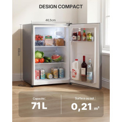 Upstreman 71L Petit Frigo Sans Congélateur, CR71-Argent | 7 niveaux de température 1-10°C, Éclairage LED, 40 dB Silencieux, Écon