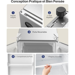 Upstreman 71L Petit Frigo Sans Congélateur, CR71-Argent | 7 niveaux de température 1-10°C, Éclairage LED, 40 dB Silencieux, Écon
