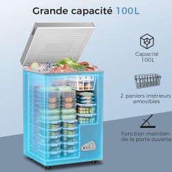 YASHE Congélateur coffre 100L, pose libre, Gris | 2 paniers amovibles, 6 niveaux de température, faible consommation d'énergie e