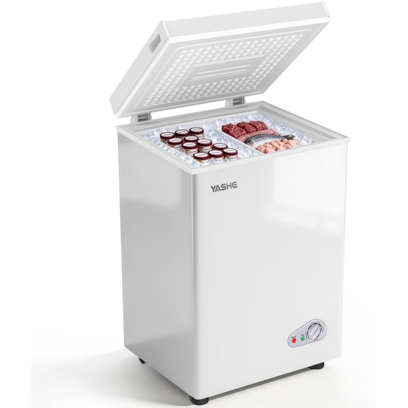 YASHE Congélateur coffre 100L, pose libre, Blanc | 2 paniers amovibles, 6 niveaux de température, faible consommation d'énergie 