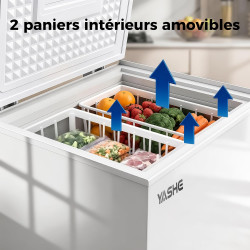 YASHE Congélateur coffre 100L, pose libre, Blanc | 2 paniers amovibles, 6 niveaux de température, faible consommation d'énergie 