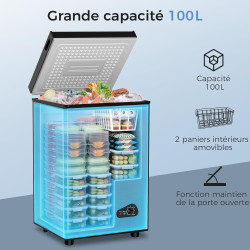 YASHE Congélateur coffre 100L, pose libre, Noir | 2 paniers amovibles, 6 niveaux de température, faible consommation d'énergie e
