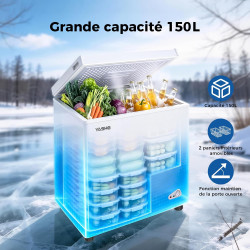 YASHE Congélateur coffre 150L, pose libre, Blanc | 2 paniers amovibles, 6 niveaux de température, faible consommation d'énergie 