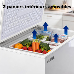 YASHE Congélateur coffre 150L, pose libre, Blanc | 2 paniers amovibles, 6 niveaux de température, faible consommation d'énergie 