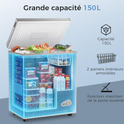 YASHE Congélateur coffre 150L, pose libre, Gris | 2 paniers amovibles, 6 niveaux de température, faible consommation d'énergie e