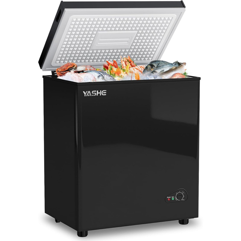 YASHE Congélateur coffre 150L, pose libre, Noir | 2 paniers amovibles, 6 niveaux de température, faible consommation d'énergie e