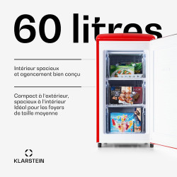 KLARSTEIN Laika - Congélateur, volume total 60 litres, thermostat à 5 niveaux, 0 à -18°C, 3 grilles, pose libre, design rétro - 