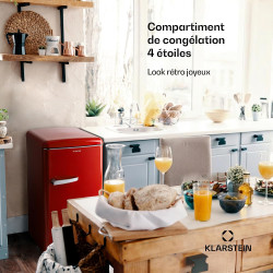 KLARSTEIN Laika - Congélateur, volume total 60 litres, thermostat à 5 niveaux, 0 à -18°C, 3 grilles, pose libre, design rétro - 