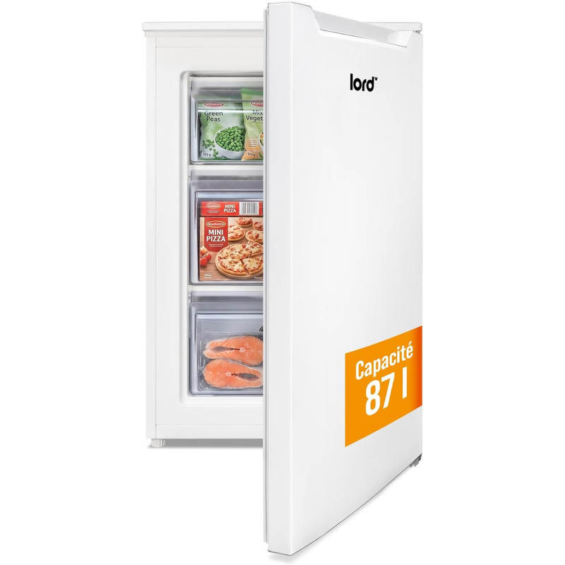 LORD F4 Congélateur armoire 87 L, NoFrost, 37 dB, classe C, 4,4 kg/24h, 3 tiroirs, compresseur Inverter BLDC, porte réversible, 