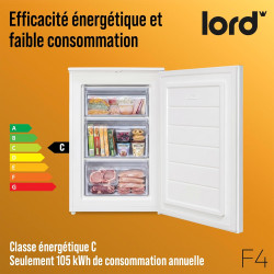 LORD F4 Congélateur armoire 87 L, NoFrost, 37 dB, classe C, 4,4 kg/24h, 3 tiroirs, compresseur Inverter BLDC, porte réversible, 