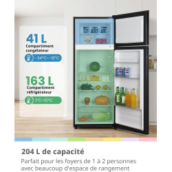 Comfee RCT210DK3EU(E) Réfrigérateur-Congélateur 2 Portes 204 L, Noir | Congélateur supérieur, 137 kWh/an, Inverter, 163L+41L, Te
