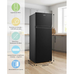 Comfee RCT210DK3EU(E) Réfrigérateur-Congélateur 2 Portes 204 L, Noir | Congélateur supérieur, 137 kWh/an, Inverter, 163L+41L, Te