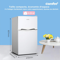 COMFEE' RCT87WH2(E) Réfrigérateur Congélateur Sous Plan, Petit Réfrigérateur Congélateur 87L avec Éclairage, Étagères Amovibles,