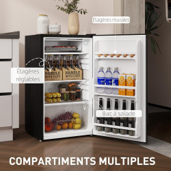 HOMCOM Réfrigérateur Congélateur Petit Réfrigérateur à Une Porte 91L Noir | Étagères Modulables, Compartiment Congélateur, Desig