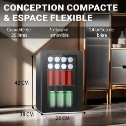 Réfrigérateur de boissons, 24 canettes/20 litres, mini réfrigérateur avec porte en transparent pour limonade, bière ou vin, plan