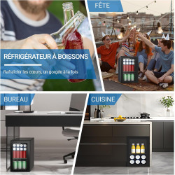 Réfrigérateur de boissons, 24 canettes/20 litres, mini réfrigérateur avec porte en transparent pour limonade, bière ou vin, plan